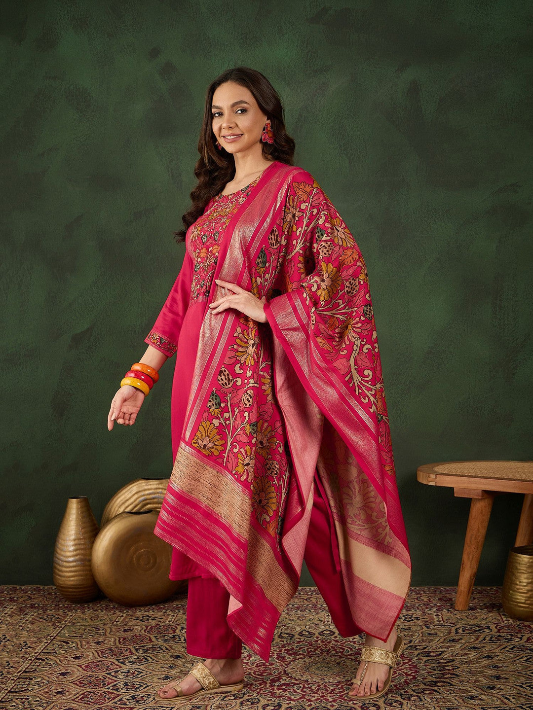 Floral Printed Straight Kurta With Trouser & Dupatta