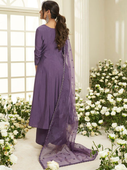 Dhiyona IN Women Ethnic Motifs Embroidered Panelled Thread Work Kurta with Palazzos & With Dupatta
