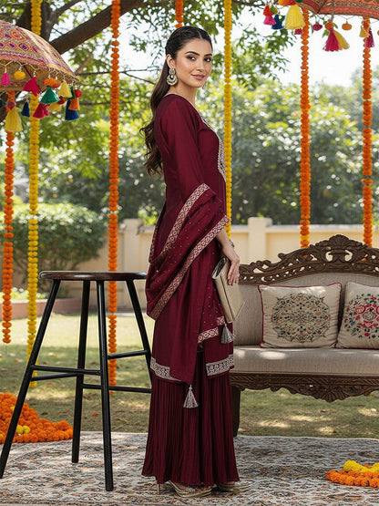 Dhiyona KL Floral Yoke Design Regular Sequinned Kurta with Sharara & Dupatta