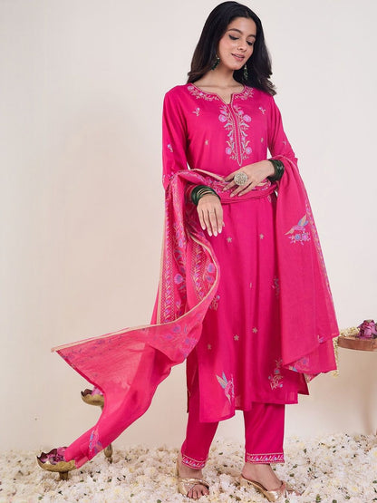 Floral Embroidered Regular Thread Work Straight Kurta With Trousers & Dupatta