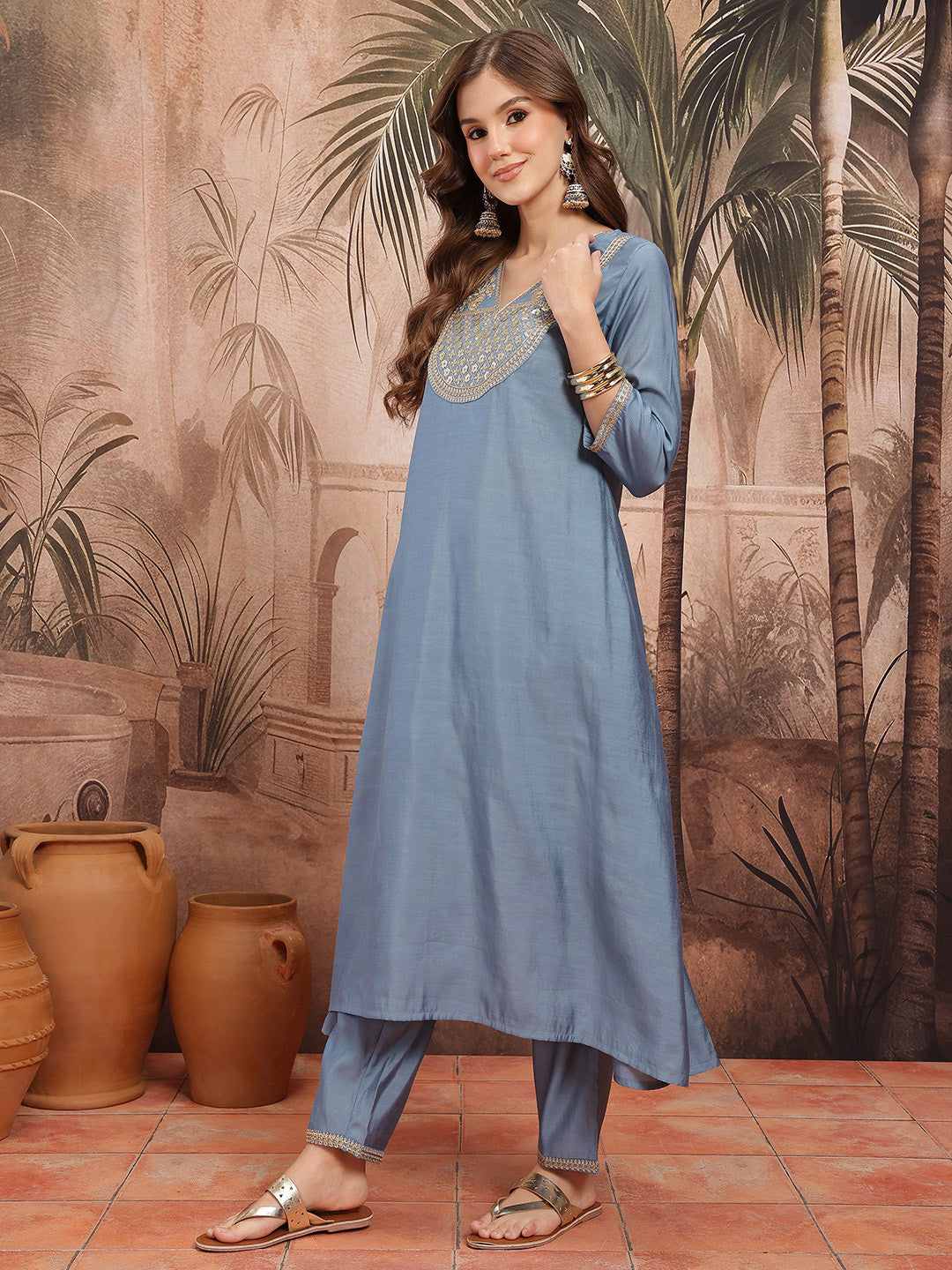 Ethnic Motifs Embroidered Sequinned V-Neck A-Line Kurta with Trousers & Dupatta