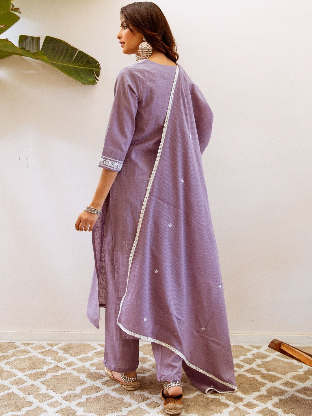 Embroidered Straight Kurta With Trousers & Dupatta