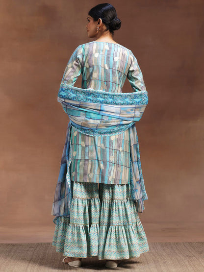 Geometric Printed Sequinned Straight Kurta With Sharara & Dupatta
