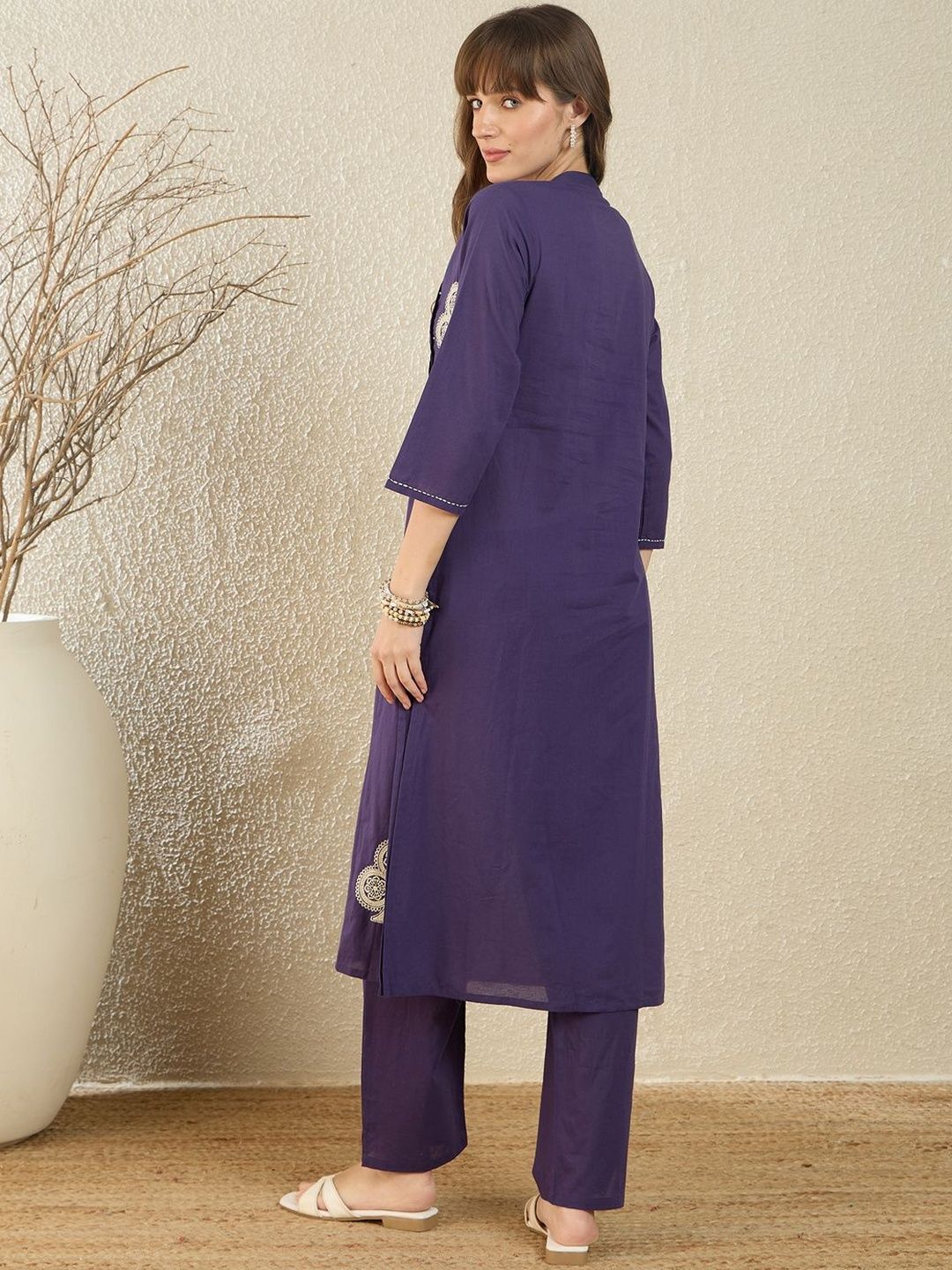 Dhiyona IE Printed Mandarin Collar Three-Quarter Sleeves Pure Cotton Top With Trousers