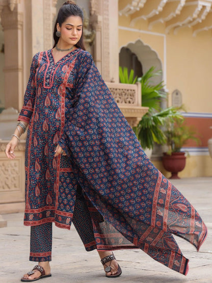 Dhiyona RR Women's Ethnic Motifs Printed Pleated Pure Cotton Kurta with Trousers & With Dupatta