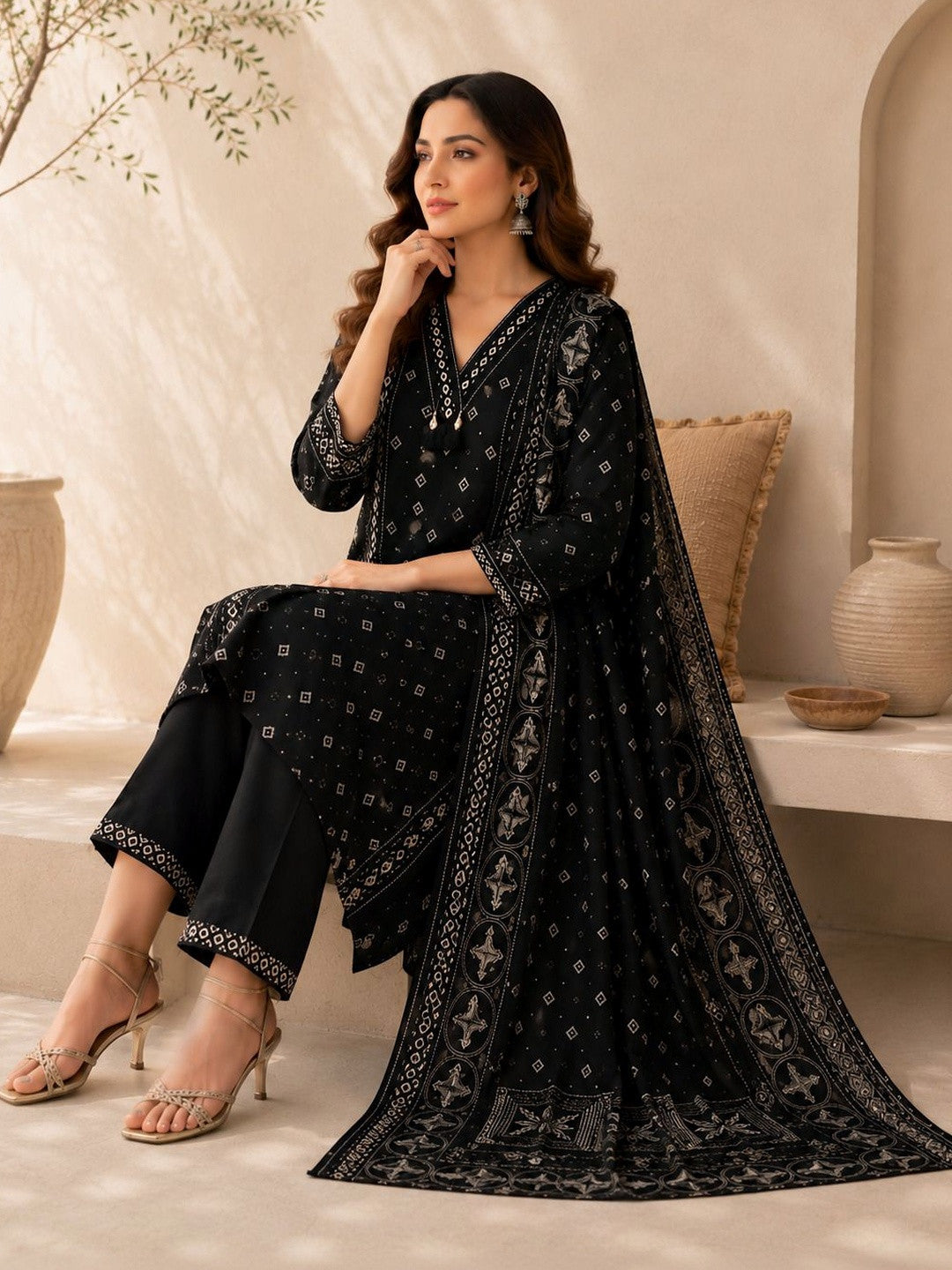 Women Ethnic Motifs Printed Regular Thread Work Pure Cotton Kurta with Trousers & With Dupatta