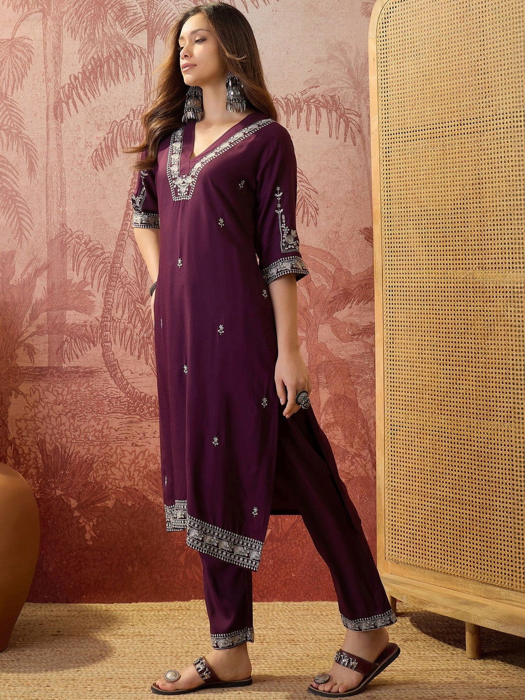 Embroidered V-Neck Kurta Sets