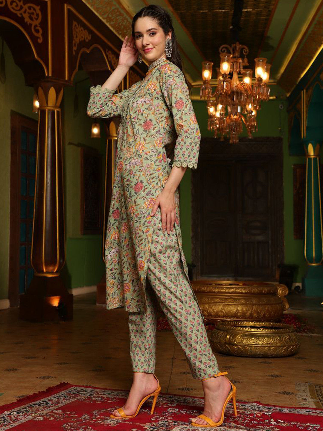 Floral Printed Pure Cotton Straight Kurta With Trousers & Dupatta Set