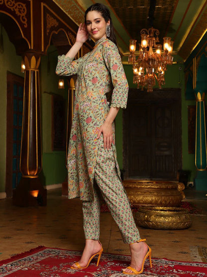 Floral Printed Pure Cotton Straight Kurta With Trousers & Dupatta Set