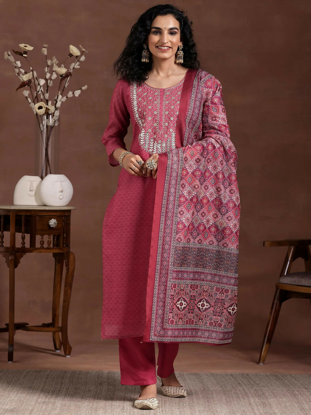 Women's LB Pink Printed Silk Blend Straight Suit With Dupatta