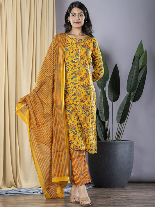 Dhiyona KL Floral Printed Notch Neck Pure Cotton Straight Kurta With Trousers & Dupatta