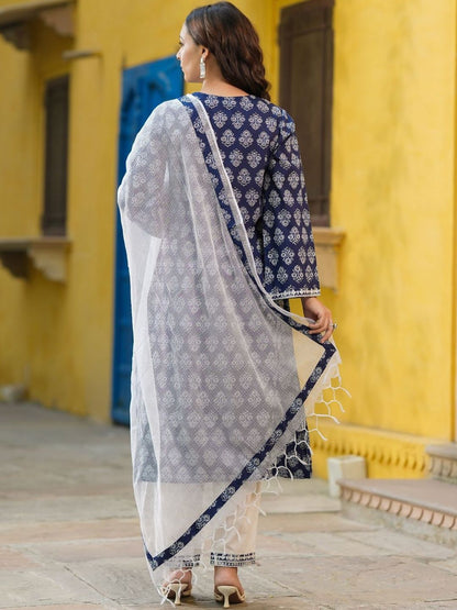 Dhiyona RR Women's Ethnic Motifs Printed Regular Thread Work Pure Cotton Kurta with Trousers & With Dupatta
