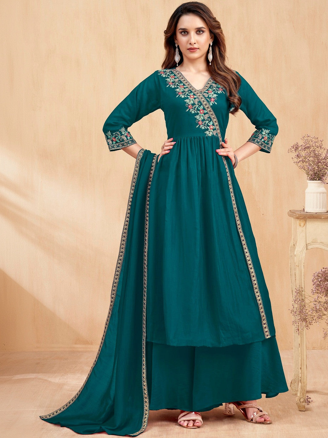 Embroidered V-Neck Kurta & Palazzos With Dupatta