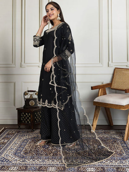 Dhiyona IN Women Ethnic Motifs Embroidered Regular Sequinned Kurta with Palazzos & Dupatta