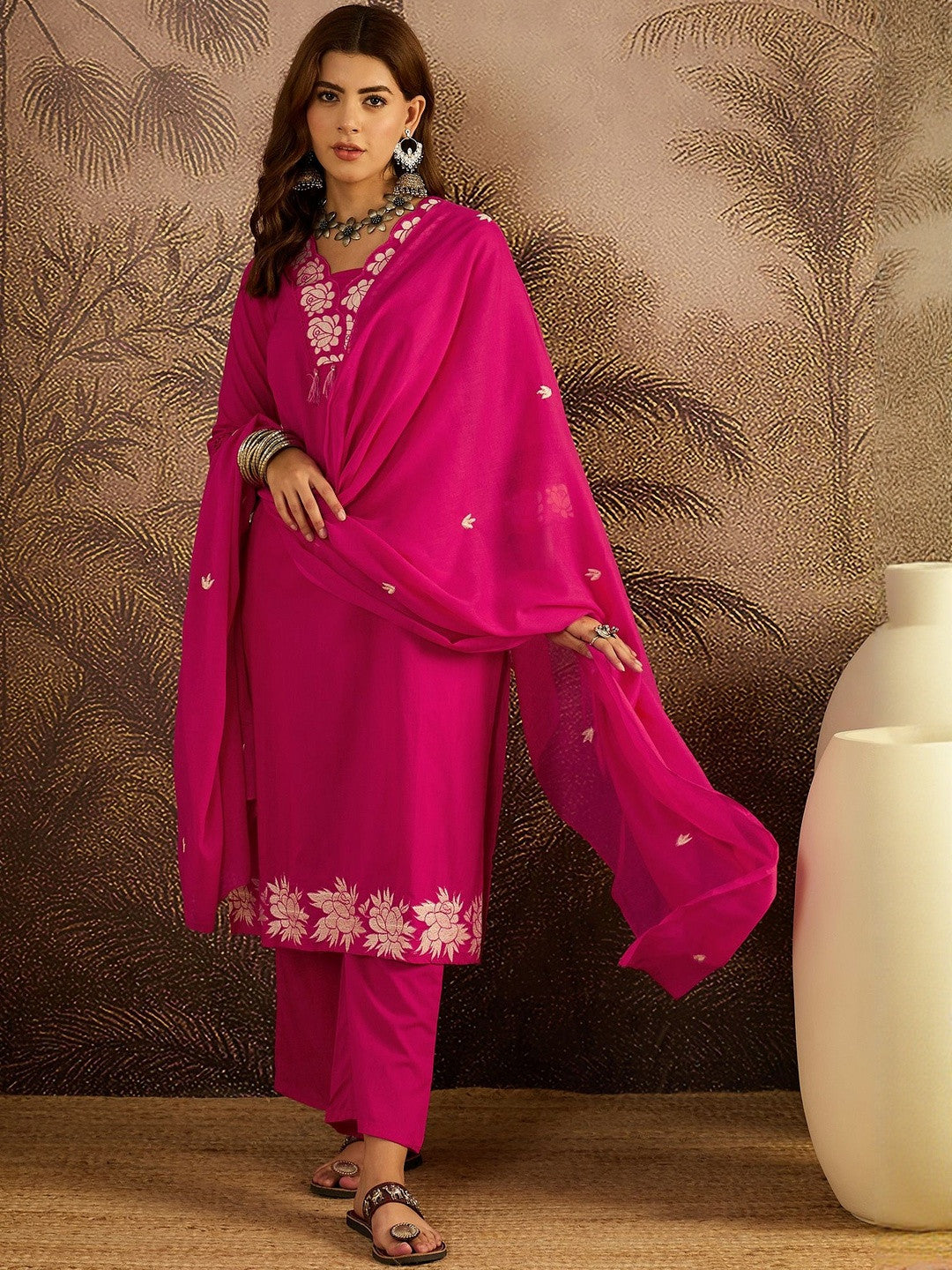 Embroidered Cotton Kurta with Trousers & Dupatta Set