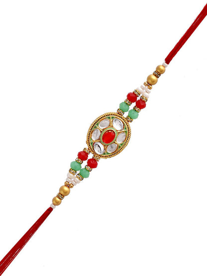Dhiyona Gold-Toned Kundan-Studded & Beaded Rakhi With Roli Chawal & Greeting Card