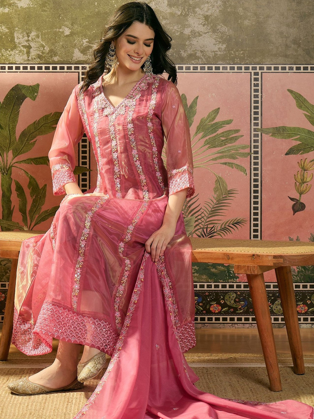 Embroidered V-Neck Kurta Trousers & Dupatta