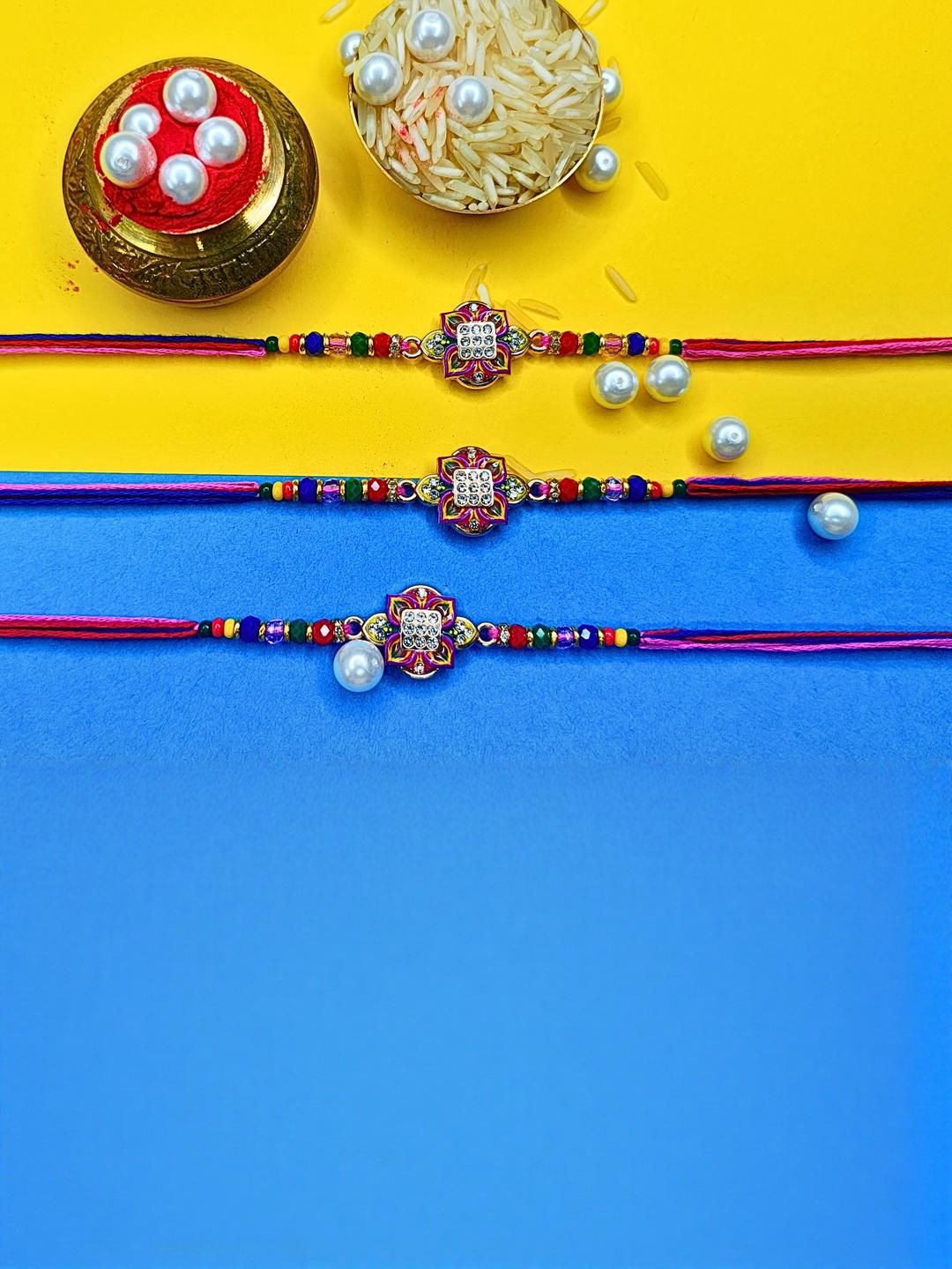 Dhiyona Set Of 3 Beaded Cotton Thread with AD Stones & Meenakari Designer Rakhi for Brother
