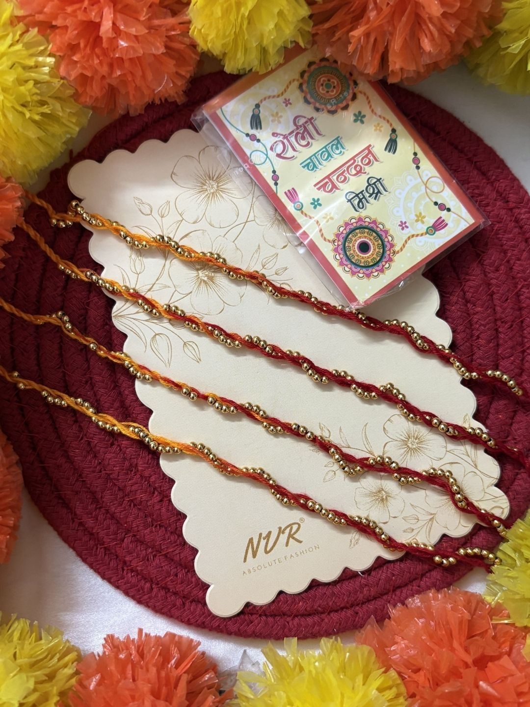 Dhiyona Set Of 4 Yellow & Red Thread Rakhi With Roli Chawal Chandan Mishri