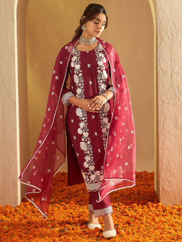 Women's Maroon Embroidered Straight Kurta Trousers With Dupatta Set