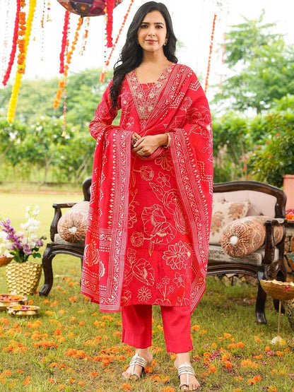 Dhiyona KL Floral Printed Straight Thread Work Kurta With Trouser & Dupatta