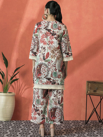 Floral Printed V-Neck Pure Cotton Straight Kurta With Palazzo