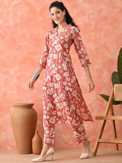 Floral Printed Pure Cotton V-Neck Kurta With Trousers
