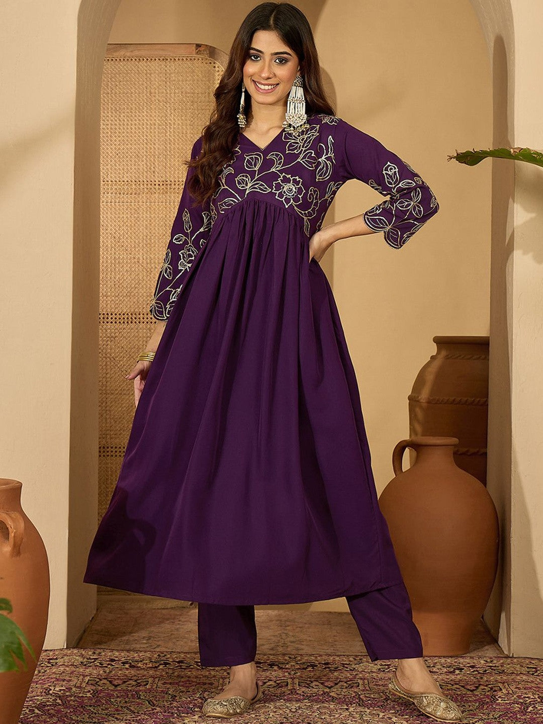 Floral Embroidered Empire Sequinned A-Line Kurta With Trouser