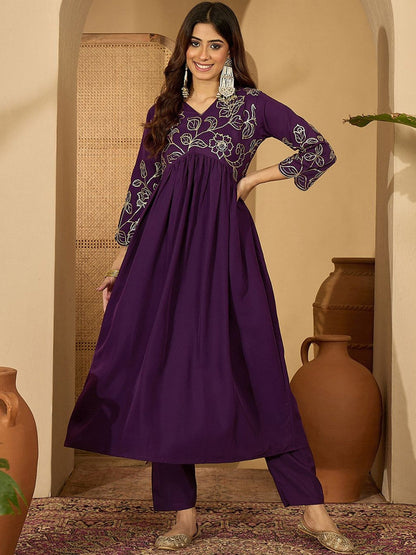 Floral Embroidered Empire Sequinned A-Line Kurta With Trouser
