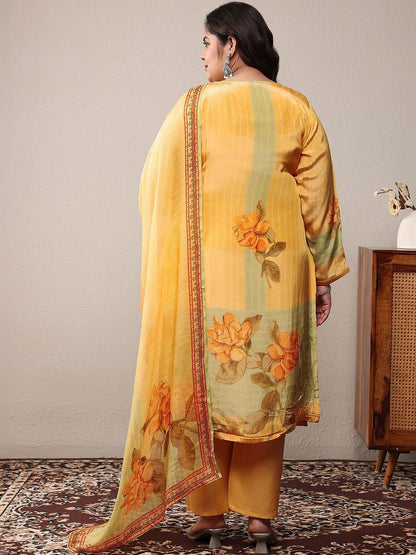 Dhiyona Women's Plus Size Floral Printed Silk Crepe Kurta with Trousers & Dupatta