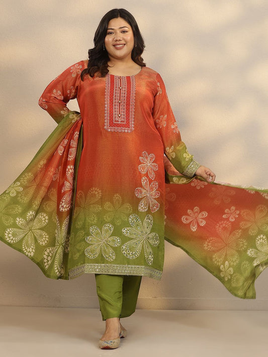 Dhiyona Women's Plus Size Printed Mirror Work Silk Crepe Kurta with Trousers & Dupatta