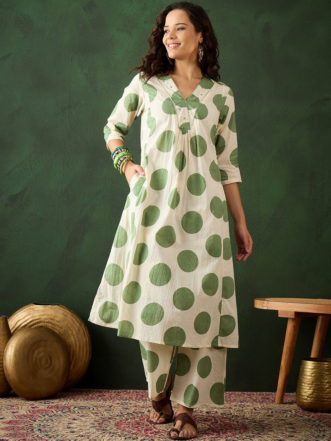 Green Dot Embroidered Pure Cotton Sequinned A-line Kurta With Trouser