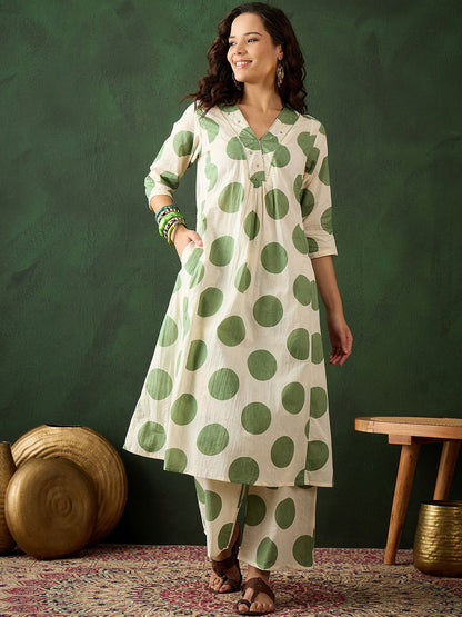Green Dot Embroidered Pure Cotton Sequinned A-line Kurta With Trouser