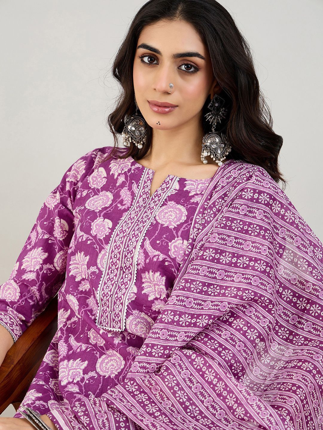 Dhiyona IE Purple Floral Printed Mirror Work Pure Cotton Kurta with Trousers & Dupatta