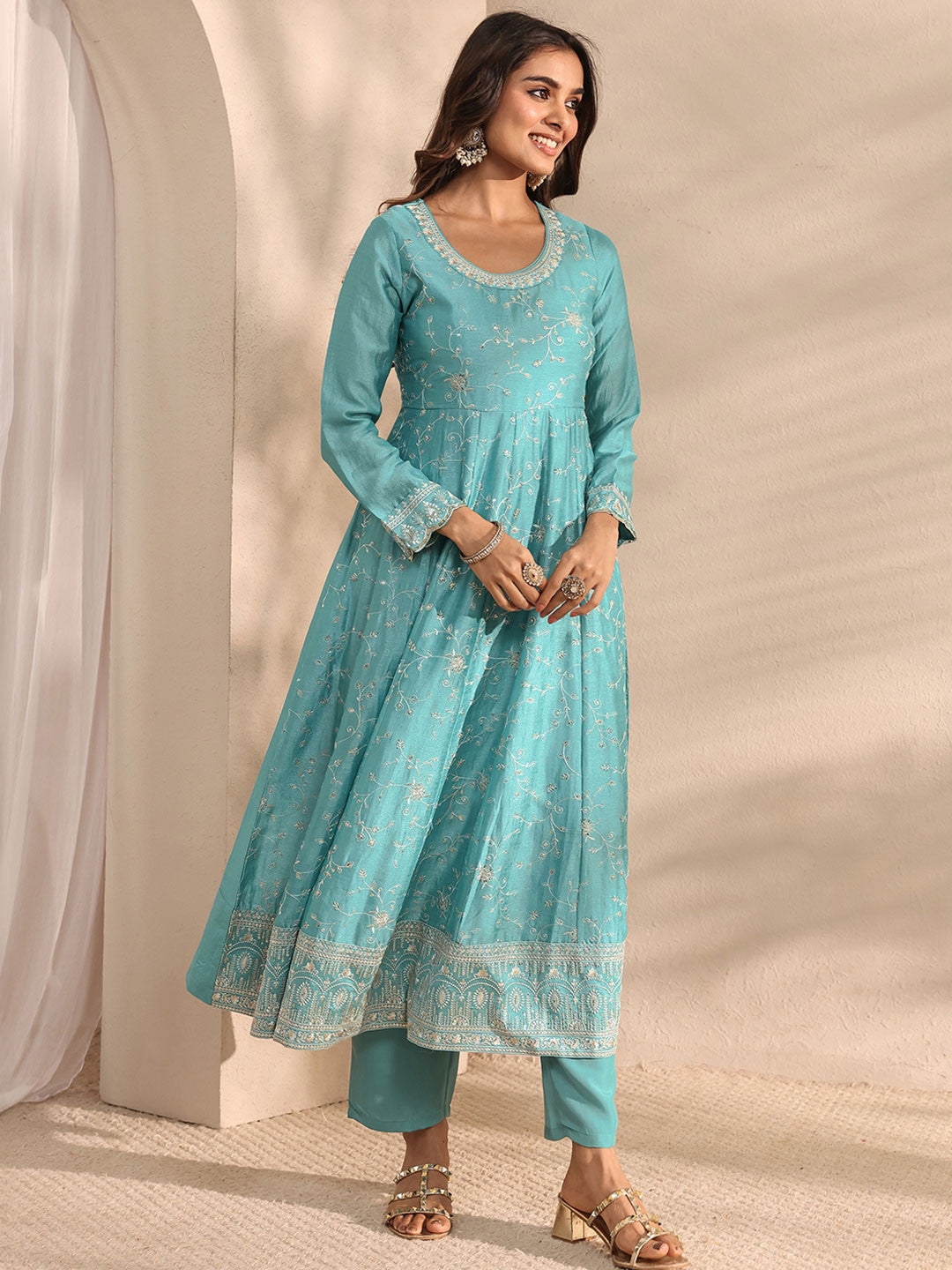 Blue Embellished Anarkali Suit Set with Dupatta