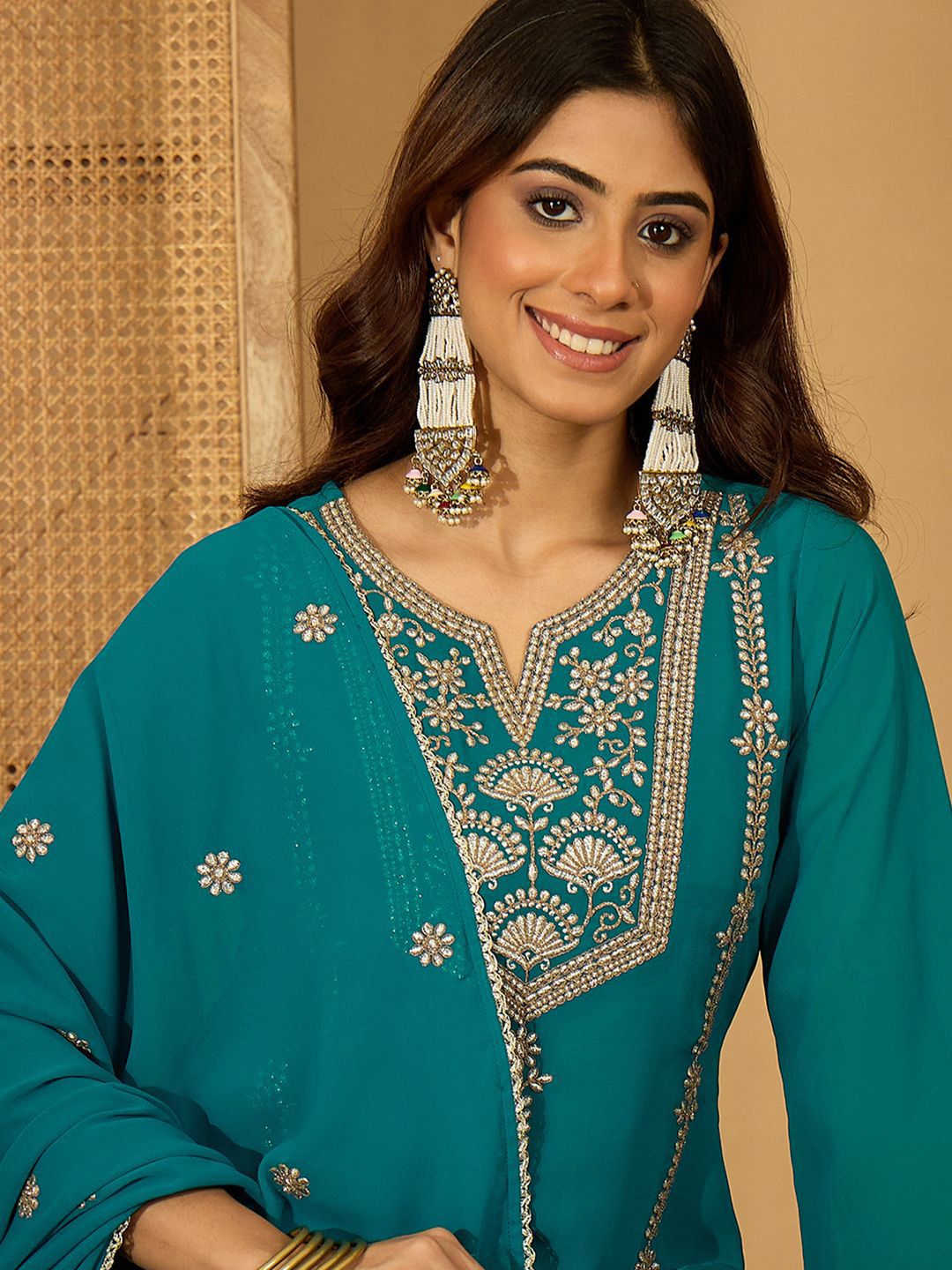 Dhiyona SN Zari Sequence Thread Embroidered Straight Kurta With Palazzos & Dupatta