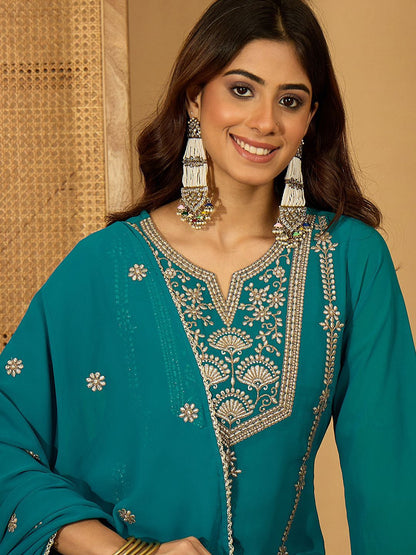 Dhiyona SN Zari Sequence Thread Embroidered Straight Kurta With Palazzos & Dupatta