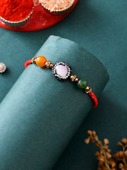 Dhiyona Orange Stone Studded & Beaded Thread Rakhi With Roli Chawal & Greeting Card