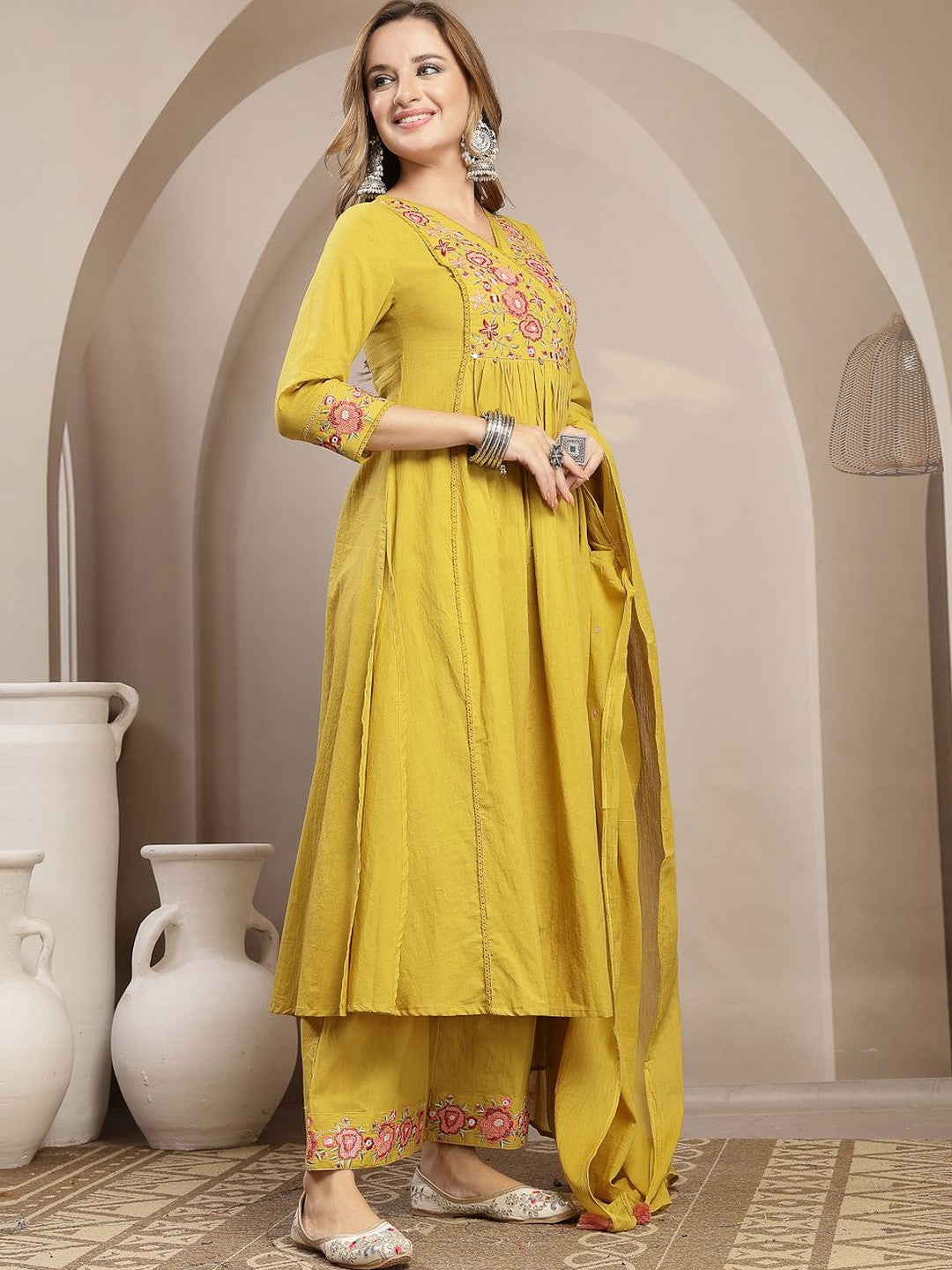 Women Floral Embroidered Angrakha Thread Work Pure Cotton Kurta with Palazzos & With Dupatta