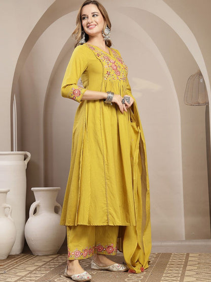 Women Floral Embroidered Angrakha Thread Work Pure Cotton Kurta with Palazzos & With Dupatta