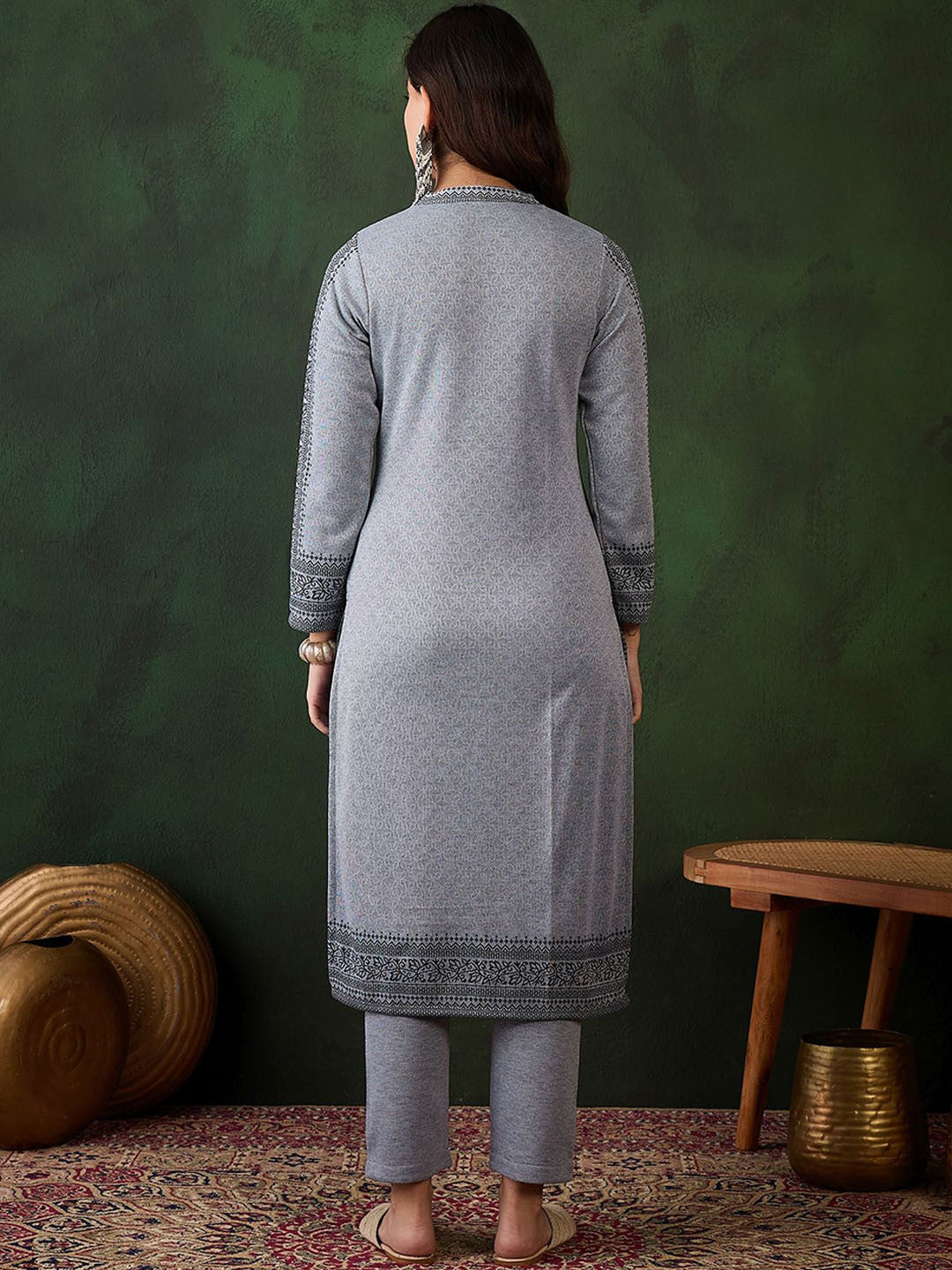 Floral Woven Design Winter Straight Kurta & Trousers