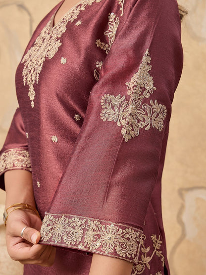 Dhiyona HOP Floral Embroidered V-Neck Sequinned Straight Kurta & Sharara With Dupatta