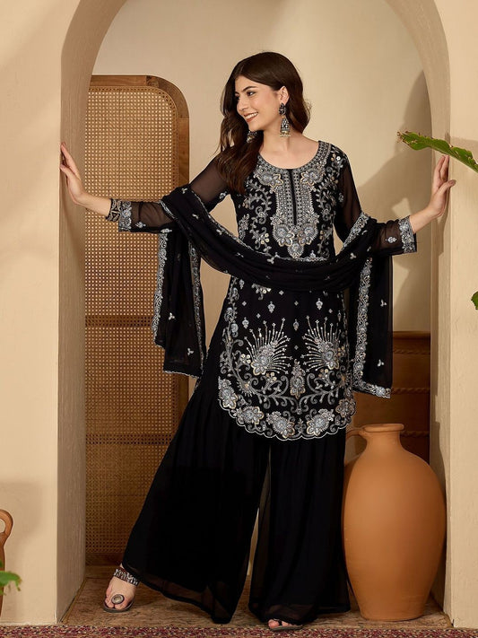 Dhiyona SN Ethnic Motifs Embroidered Sequinned Kurta With Sharara & Dupatta