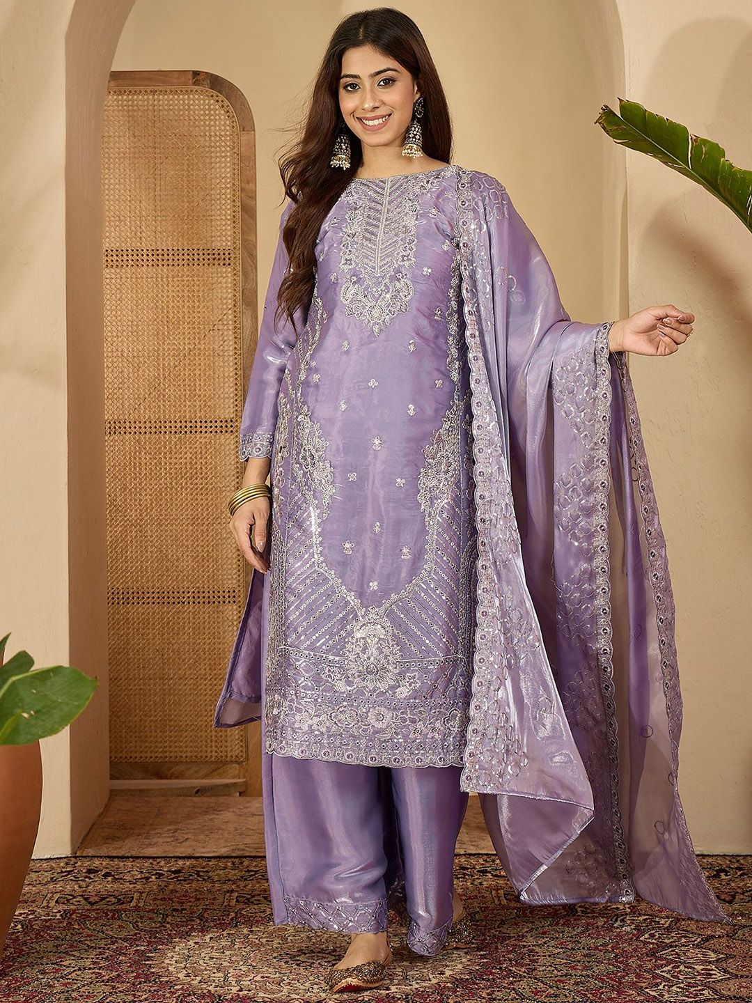 Dhiyona SN Women Floral Embroidered Silk Kurta with Palazzos & Dupatta