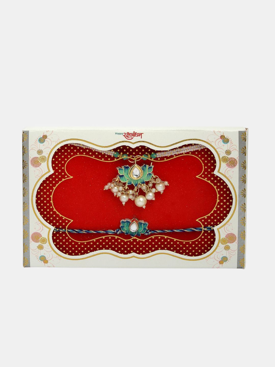 Dhiyona Set Of 2 Kundan-Studded & Beaded Lotus Shape Bhaiya Bhabhi Rakhis With Roli Chawal