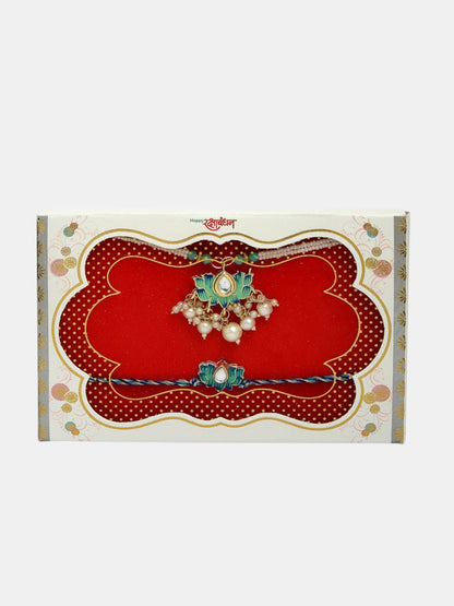 Dhiyona Set Of 2 Kundan-Studded & Beaded Lotus Shape Bhaiya Bhabhi Rakhis With Roli Chawal