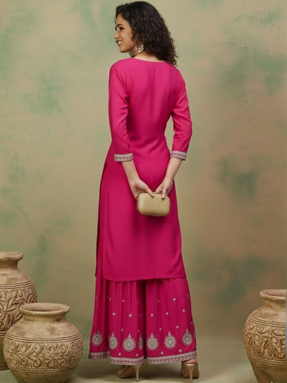 Dhiyona SN Embroidered Round-Neck Kurta Sharara & Dupatta
