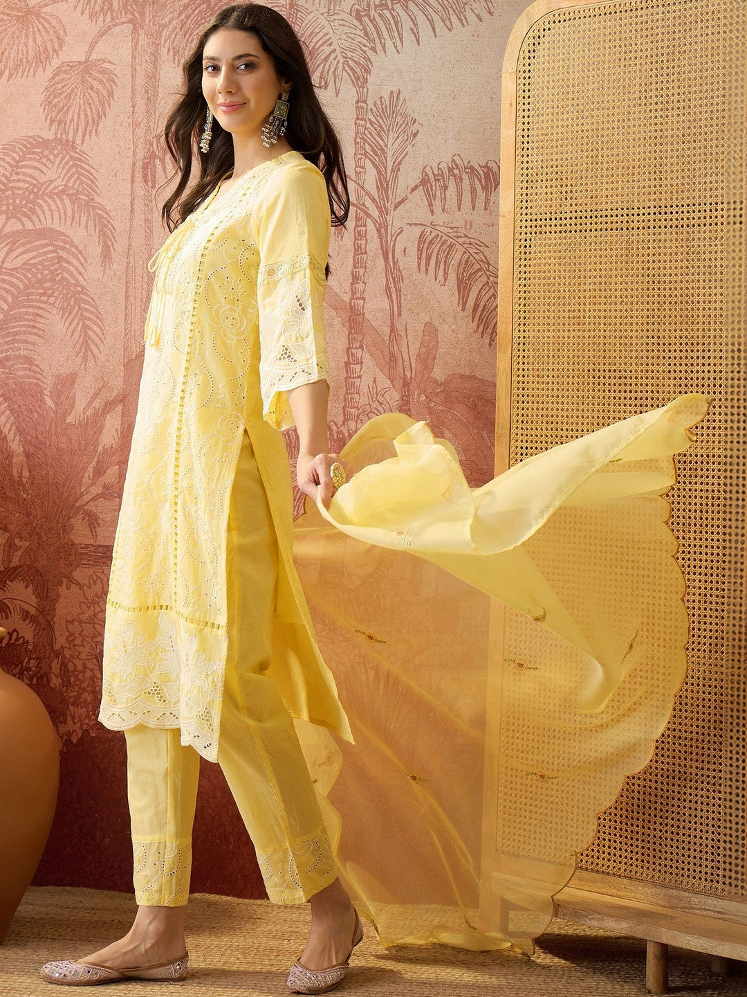 Embroidered Pure Cotton V-Neck Kurta & Trousers Kurta Set