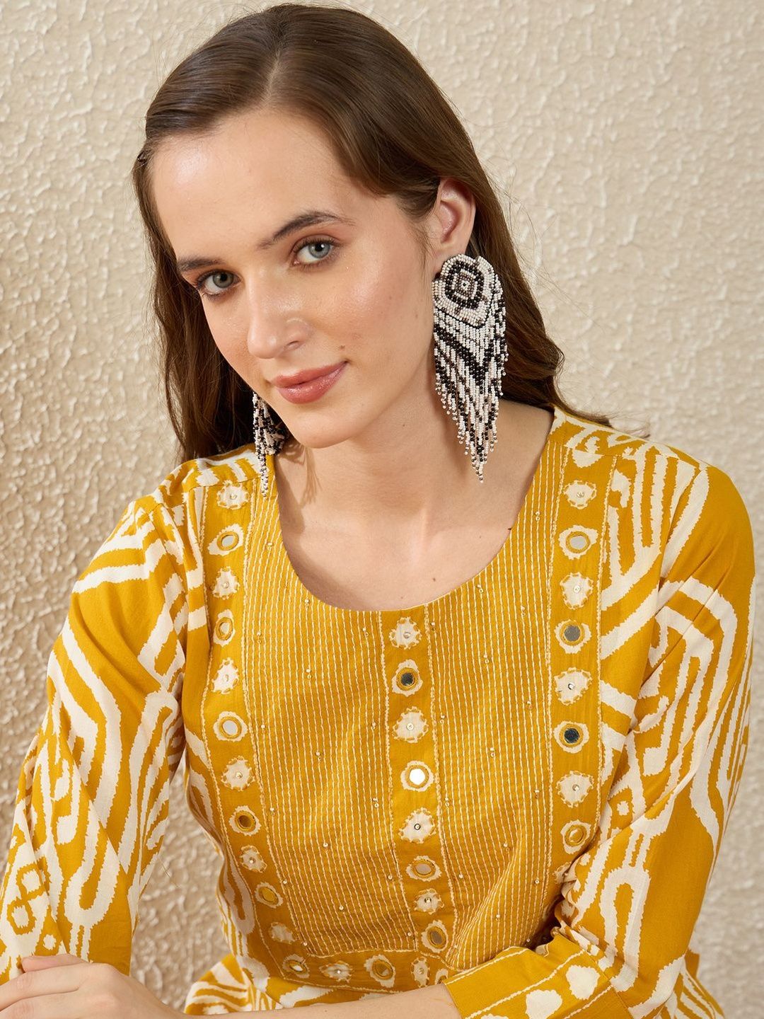 Dhiyona IE Printed Round Neck Three-Quarter Sleeves Pure Cotton Tunic And Trousers