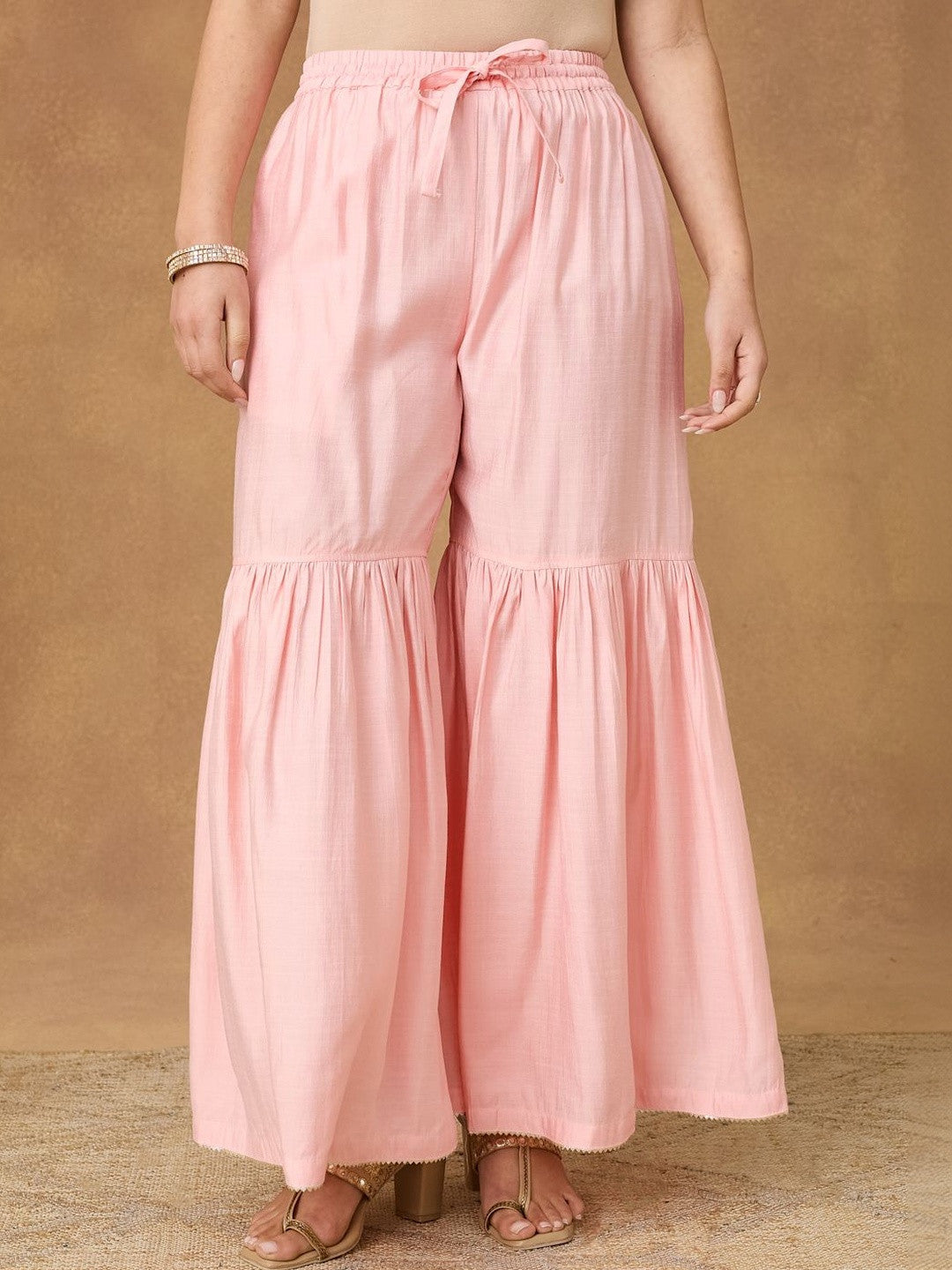 Embroidered Round Neck Kurta & Sharara With Dupatta
